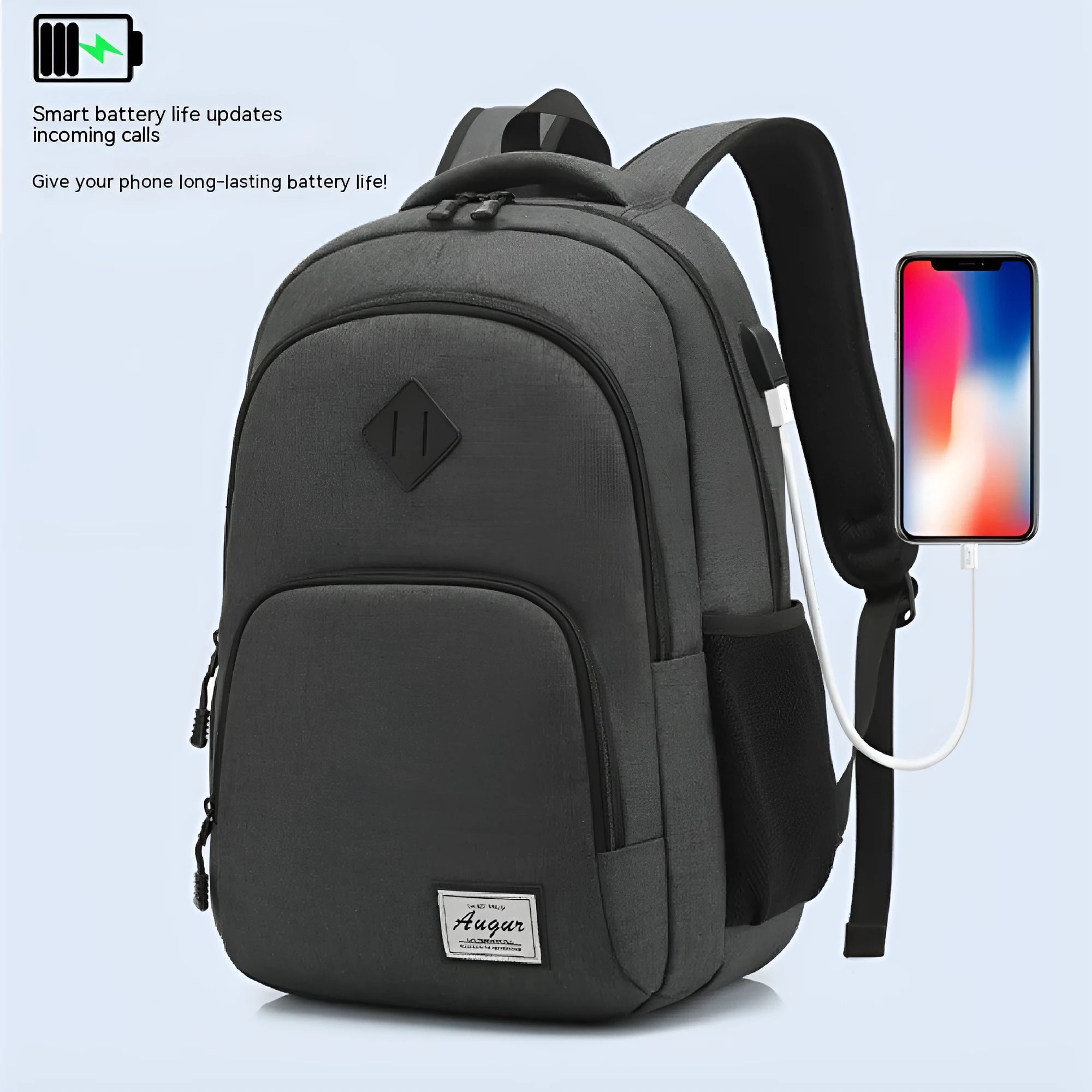 Grey USB charging backpack with trolley sleeve showing dimensions and water-resistant nylon construction