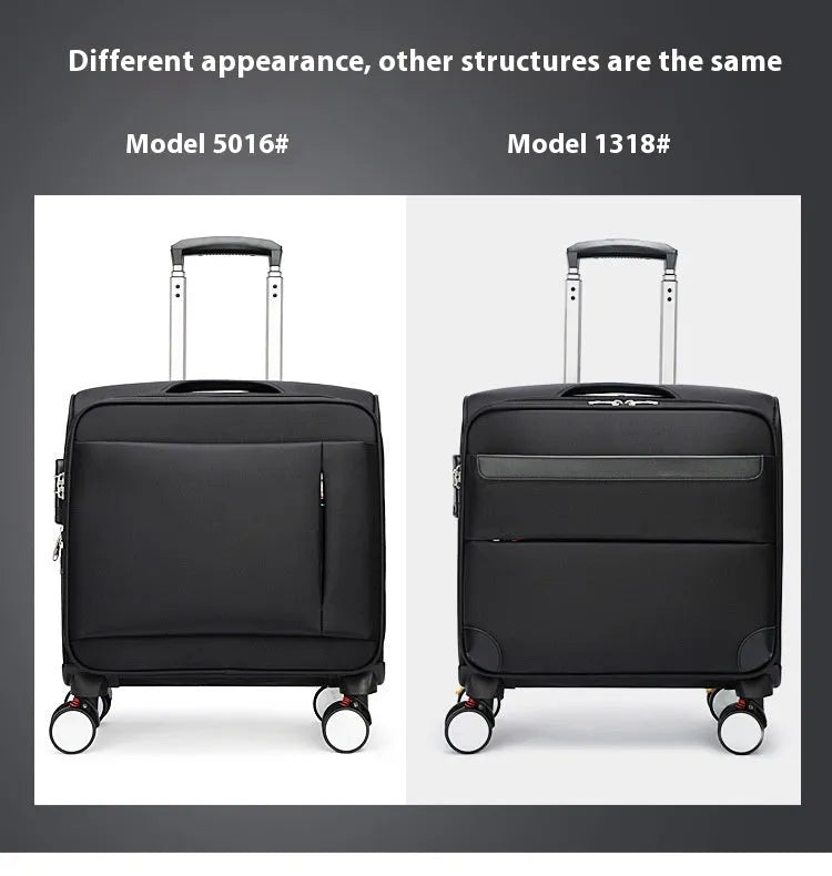 Black 18-inch Oxford cloth cabin suitcase with telescopic handle and universal wheels.