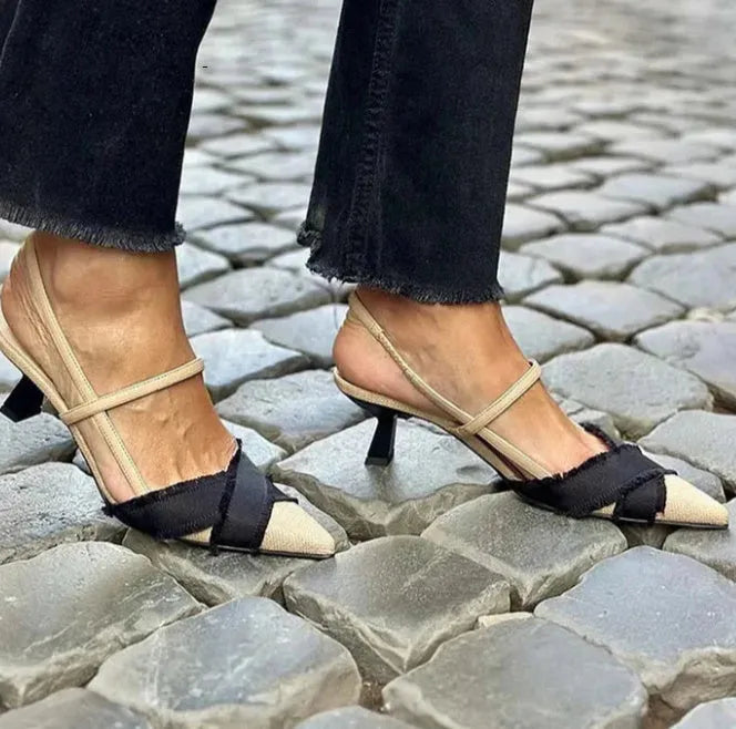Women's apricot black colour block stiletto sandals with pointed toe and adjustable buckle strap