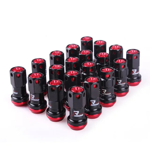 Set of aluminium alloy flat head wheel hub nuts in various colours including red, gold, blue, purple, and black.