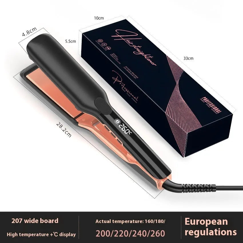 A hair straightener with a digital temperature display showing 207°C and ceramic plates.