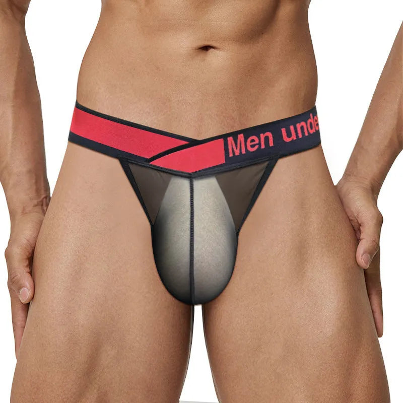 Men's transparent ice silk briefs with large V design in red, black or white colours
