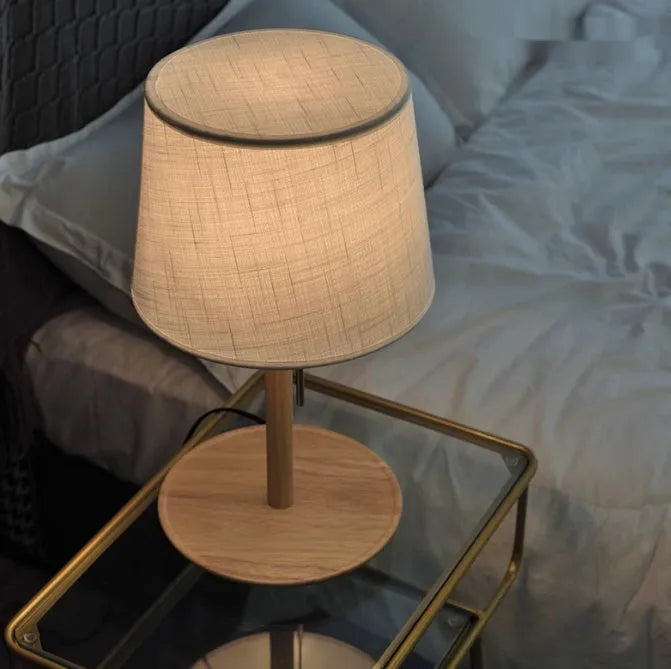 Walnut solid wood bedside lamp with fabric shade and cable switch