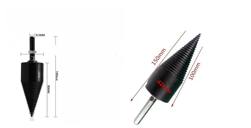 Hexagonal shank metal firewood splitting drill bit cone in two sizes for electric drills.