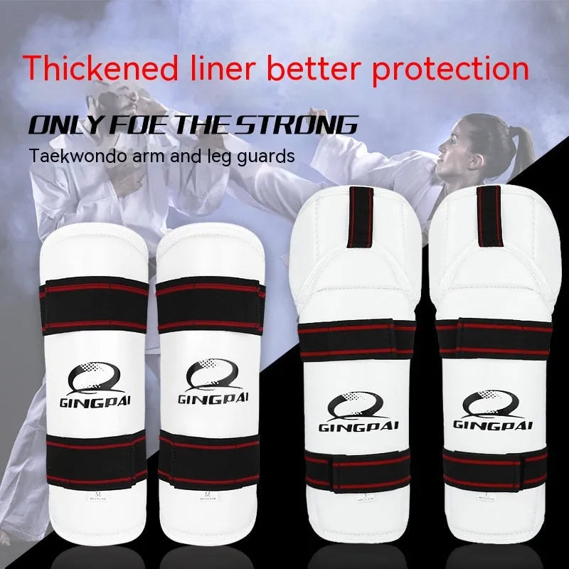 Taekwondo protective gear set showing leg protectors and arm guards in PU EVA foam material