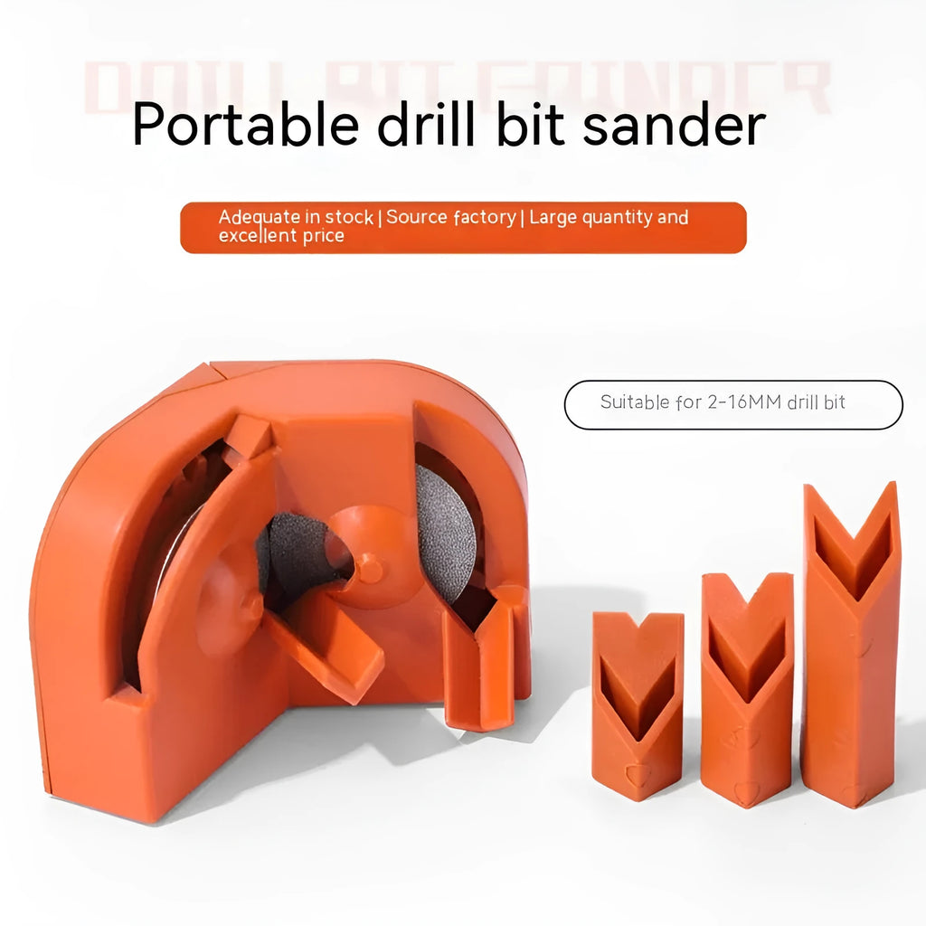 Portable grinding sander with orange and black replacement wheels for universal drill attachment