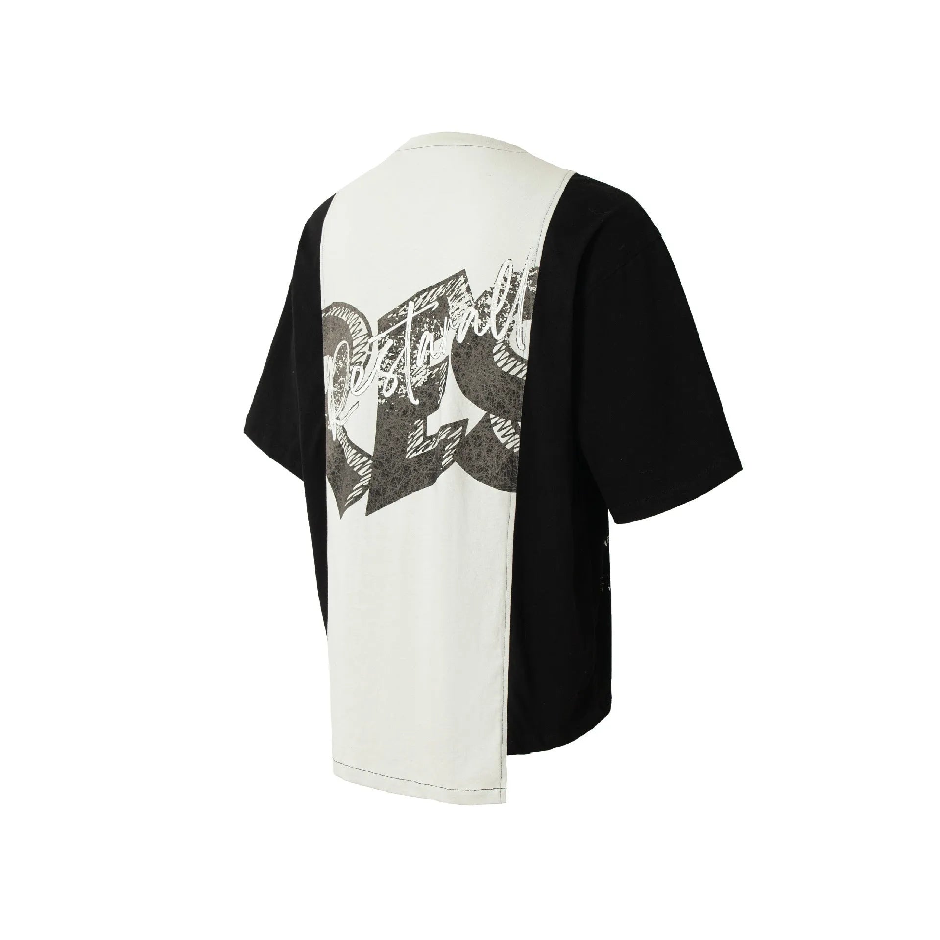 Black and white deconstruction printed oversized cotton blend t-shirt on a model.