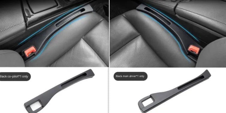 Black and brown plastic car seat gap storage boxes with handles for driver and passenger sides.
