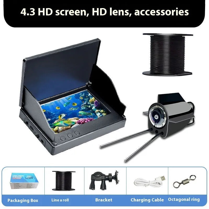 Underwater fishing finder camera system with 4.3-inch screen and submarine-style camera on a long cable.