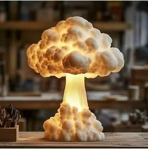 Modern art mushroom cloud shaped table lamp with USB cable connector.