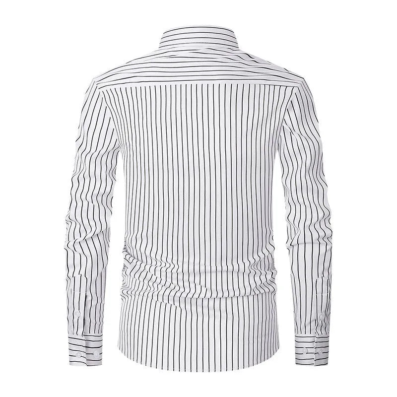 Men's slim fit striped long sleeve formal shirt in ice silk polyester blend for office wear.