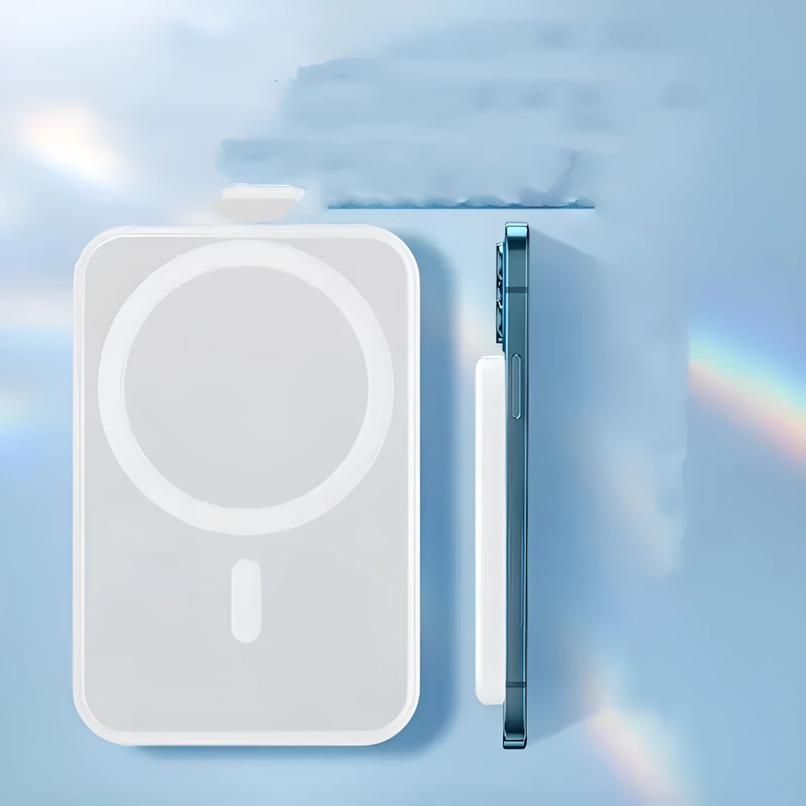 White magnetic wireless charger power bank with 5000mAh capacity showing compact PVC design