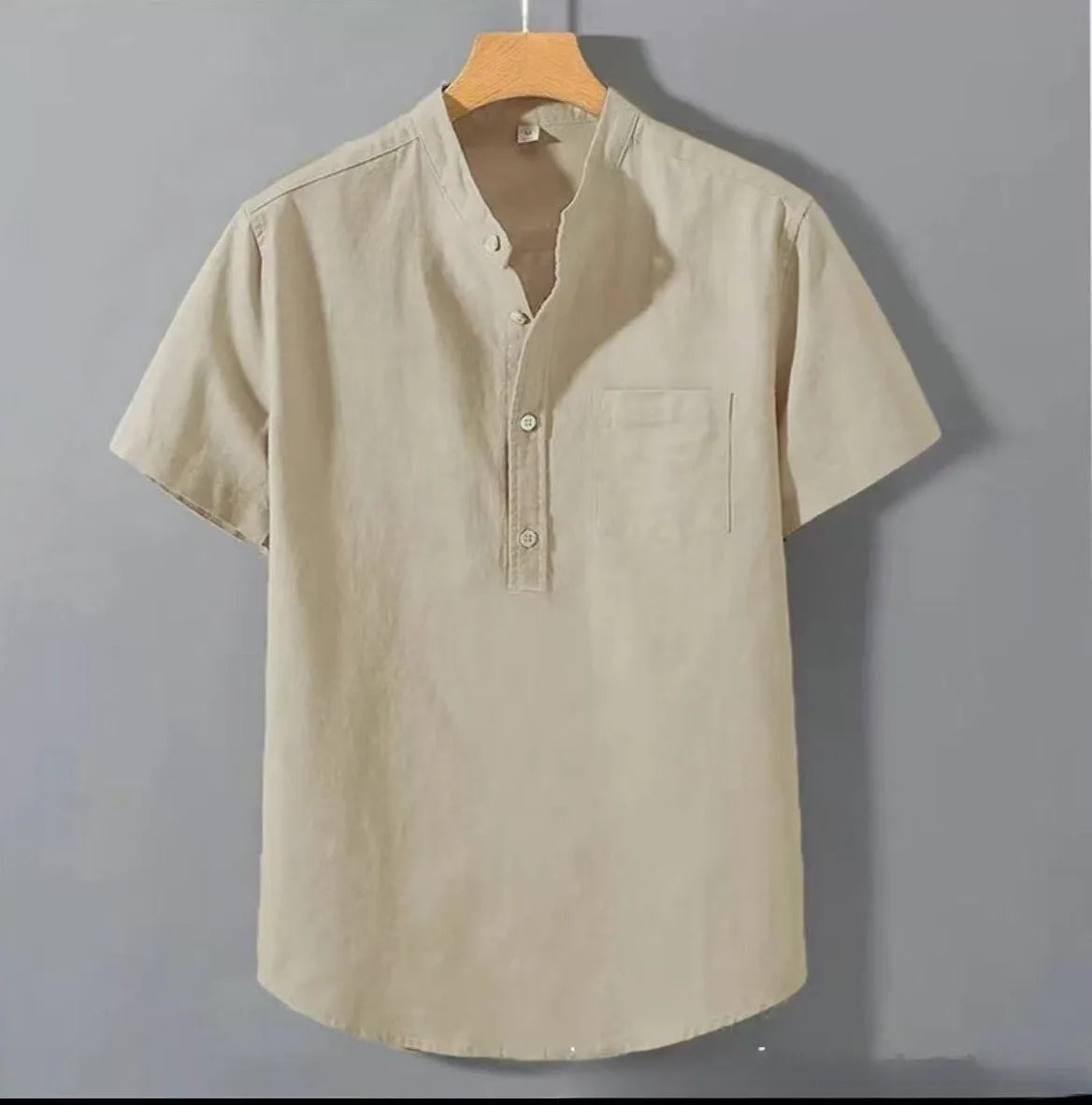 Men's casual short sleeve linen shirt with stand collar in slub cotton fabric