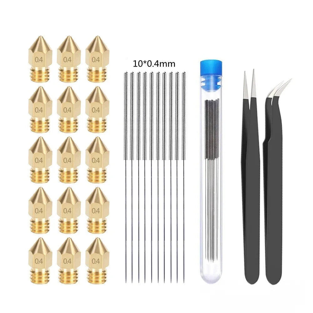 MK8 brass alloy nozzle and stainless steel cleaning pin for 3D printer maintenance