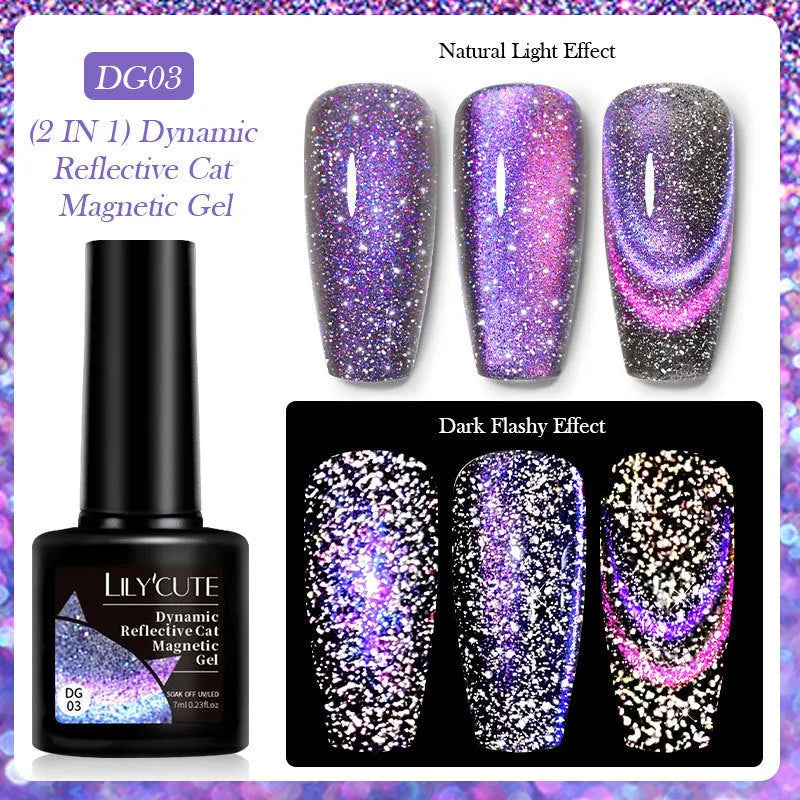 Cat eye series UV gel nail polish bottle with diamond glitter in one of six colour options.