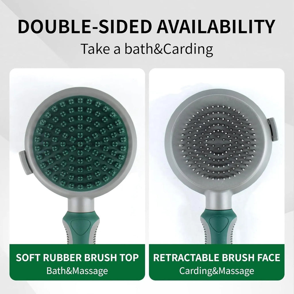 Green and pink dual-sided pet grooming brush with silicone massager and retractable slicker brush.