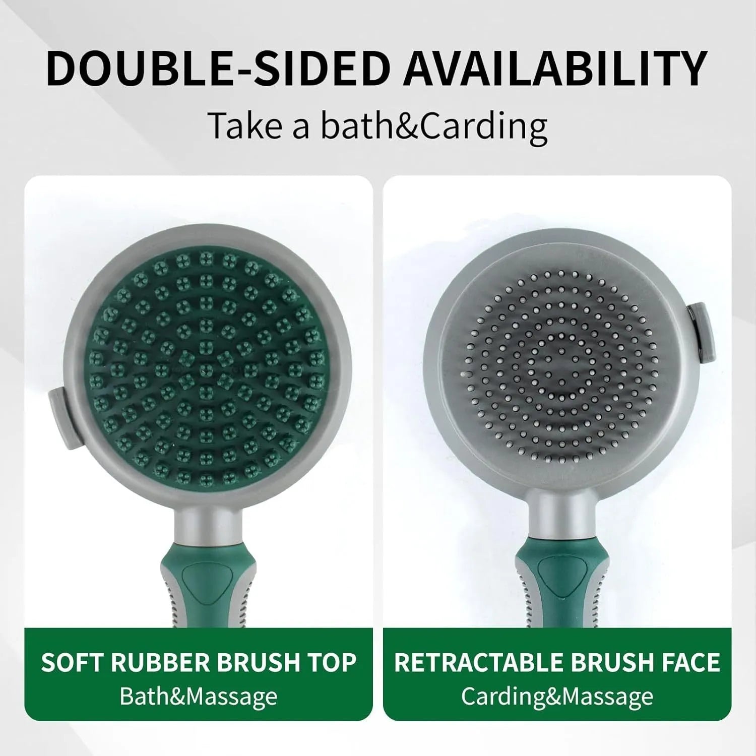 Green and pink dual-sided pet grooming brush with silicone massager and retractable slicker brush.