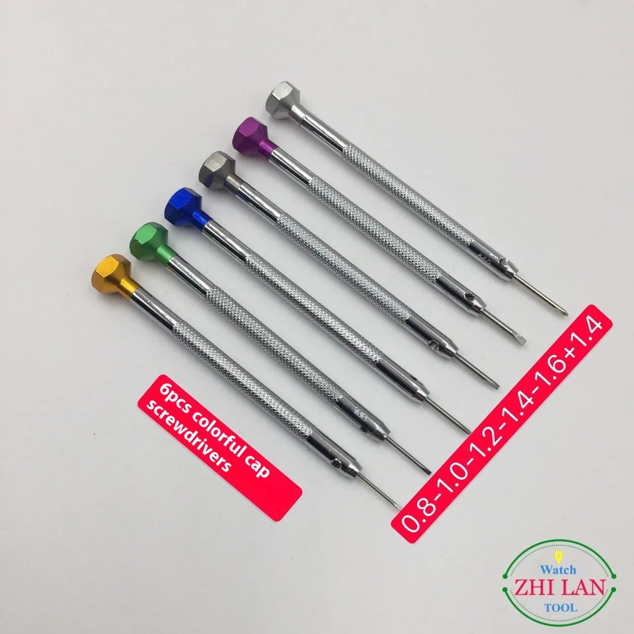 Six colour-coded watch repair screwdrivers with aluminium handles and magnetic steel tips on a grey background.
