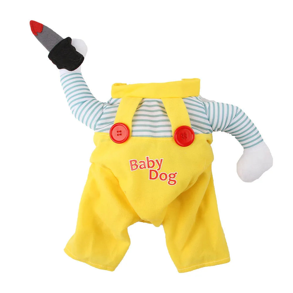 Yellow knife assassin costume clothing for cats on pet model showing design details
