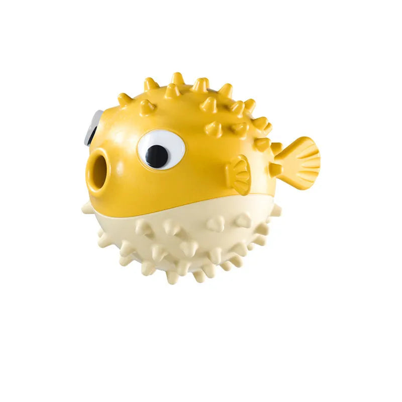 Fish-shaped interactive dog toy with treat dispensing in green, red, or yellow colours