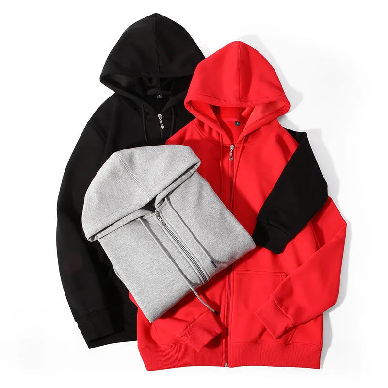 Men's beige loose-fit cotton zipper hoodie with front pockets, shown on a plus-size model.