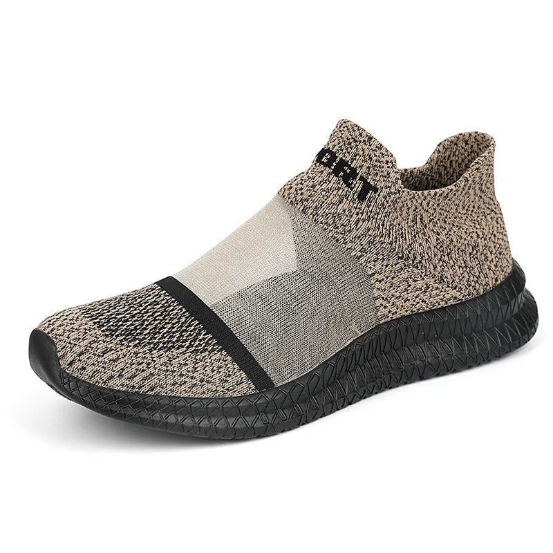 Casual grey Flyknit sock shoes with laces and a low-top MD sole, shown on a foot.