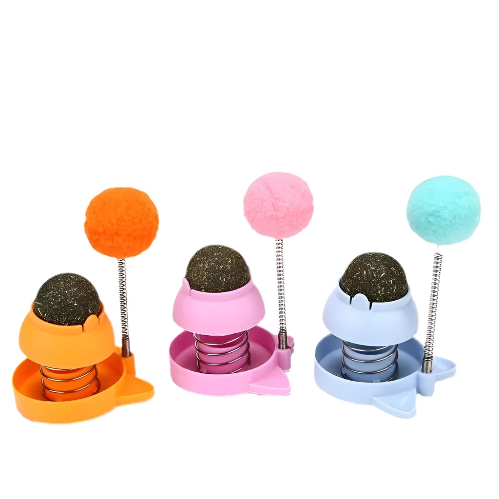 Lucky Cat mint ball toy in blue, orange, or pink colours with textured surface for teeth grinding.