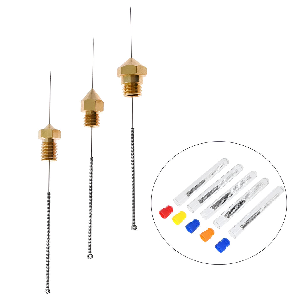 Mk8 E3D nozzle cleaning needles kit with assorted diameters including 0.2mm, 0.25mm, 0.3mm, 0.35mm and 0.4mm sizes.