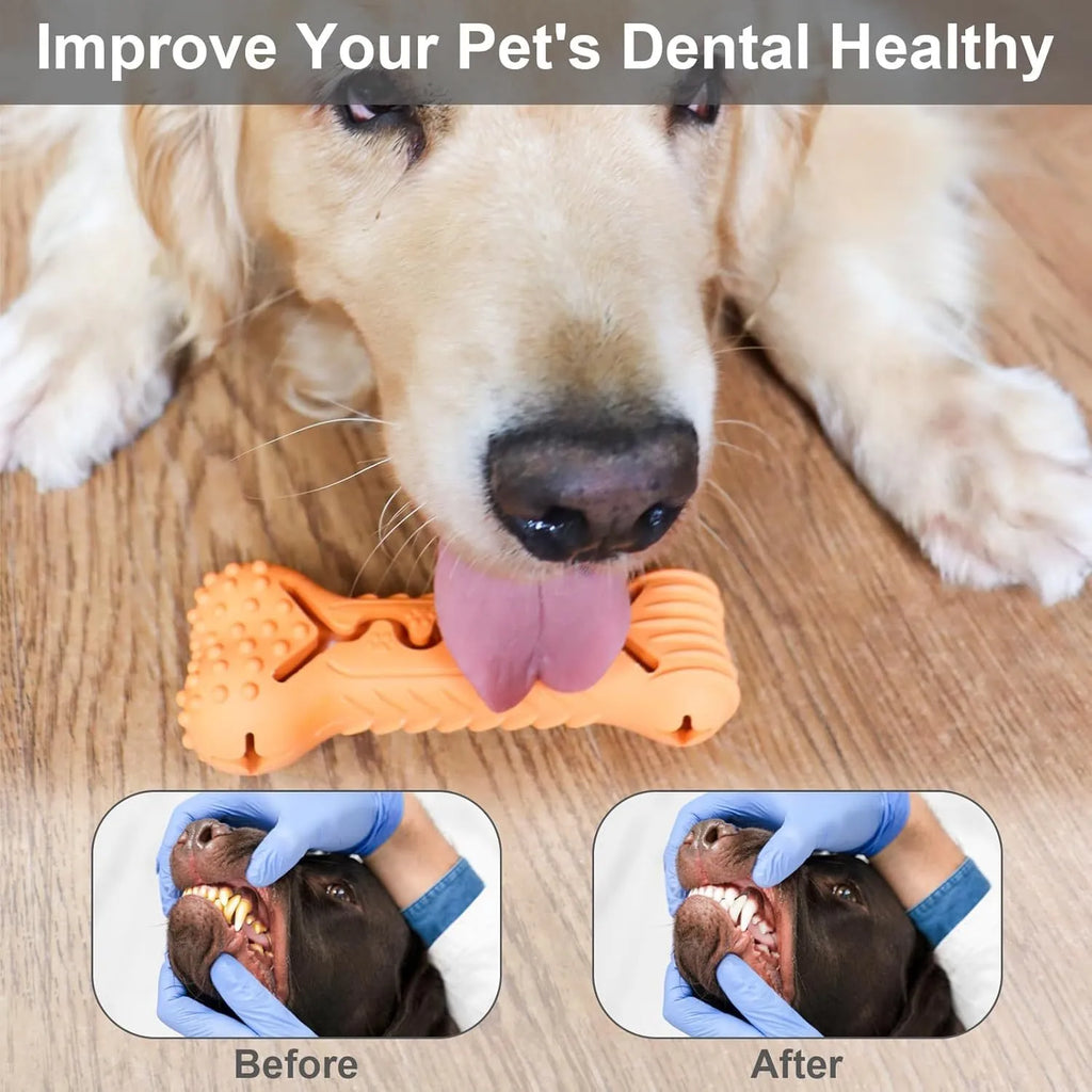Natural rubber bone-shaped dog chew toy for aggressive chewers in blue, green and orange colours