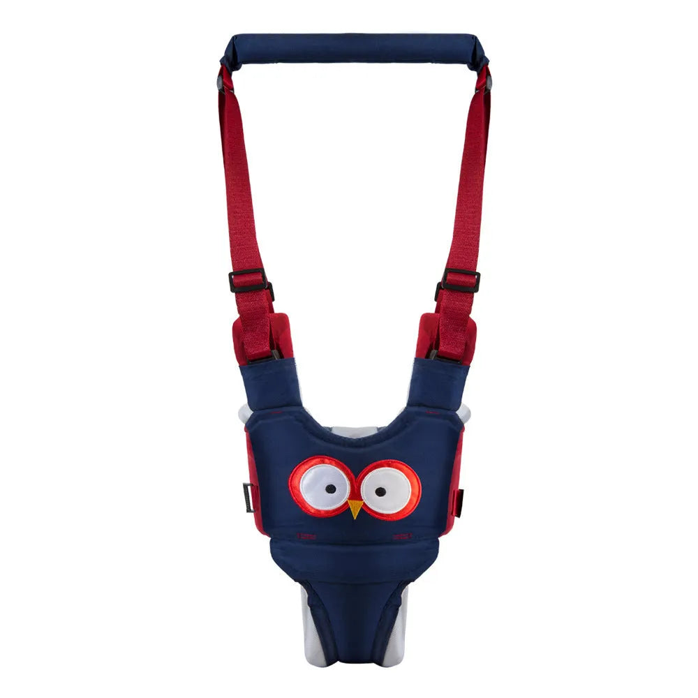 Blue cotton baby walking harness belt with straps, shown being used to support a toddler learning to walk.