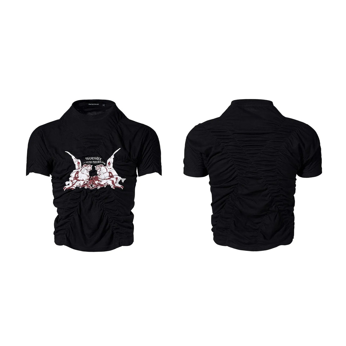Men's black printed summer shirt with slim fit and Korean style pleating details