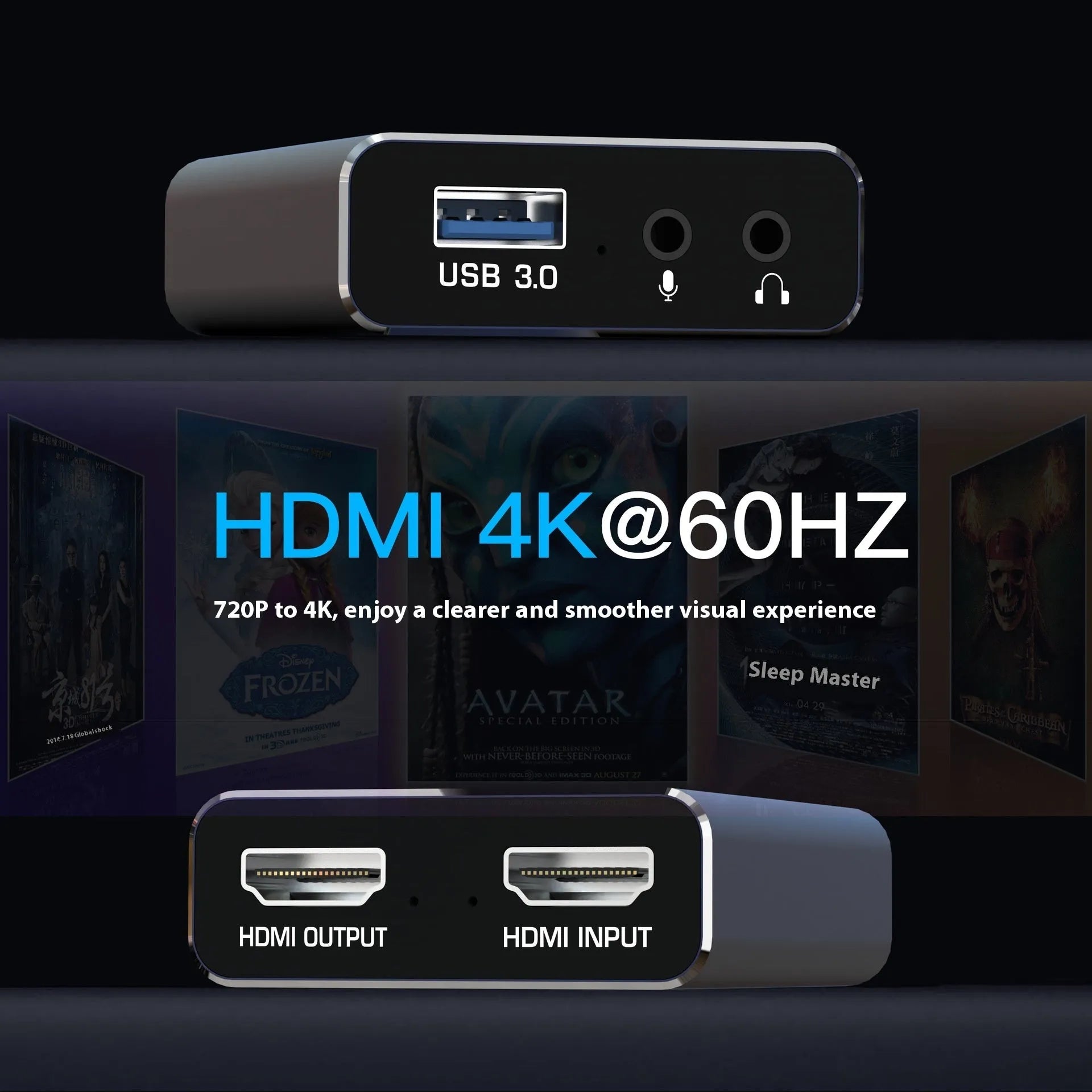 Black 4K gaming set-top box with MS2131 chip for audio and video recording