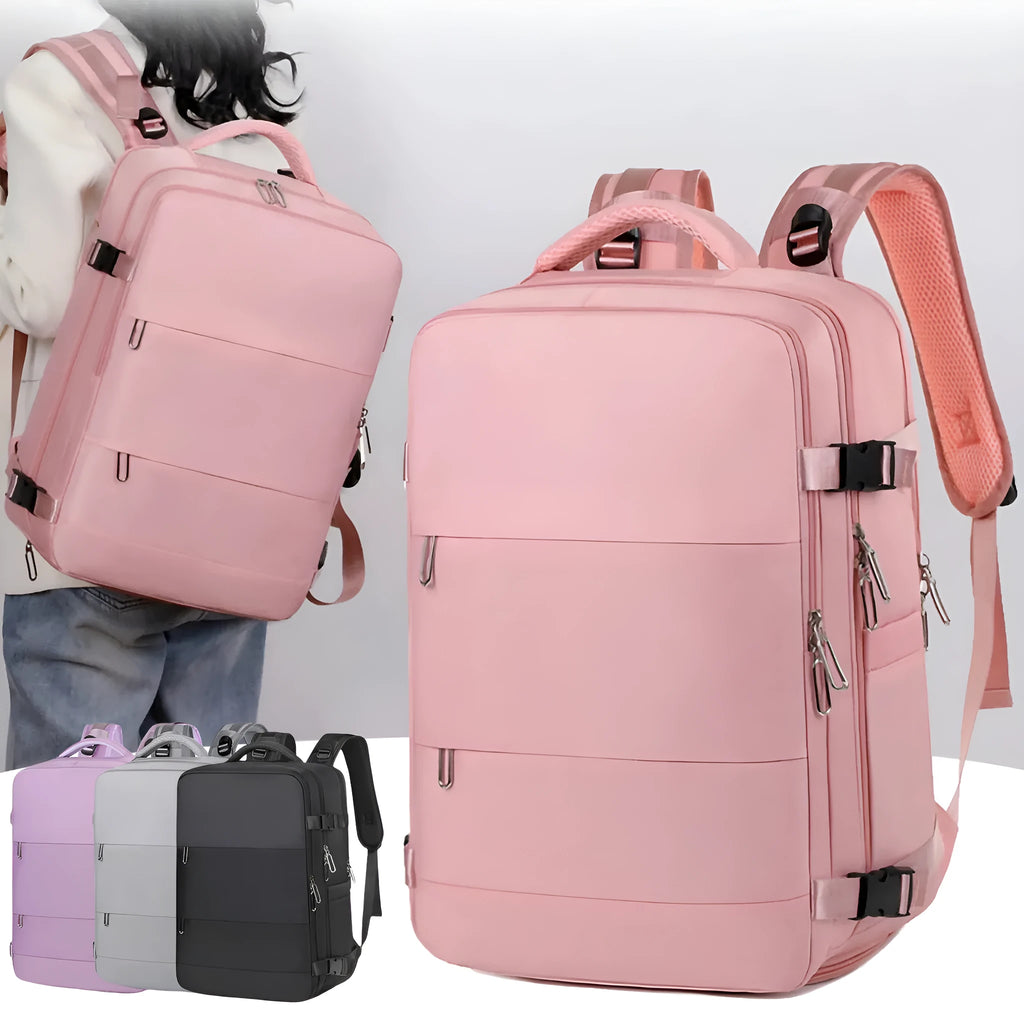 Large purple travel backpack with multiple compartments and air pillow belt system