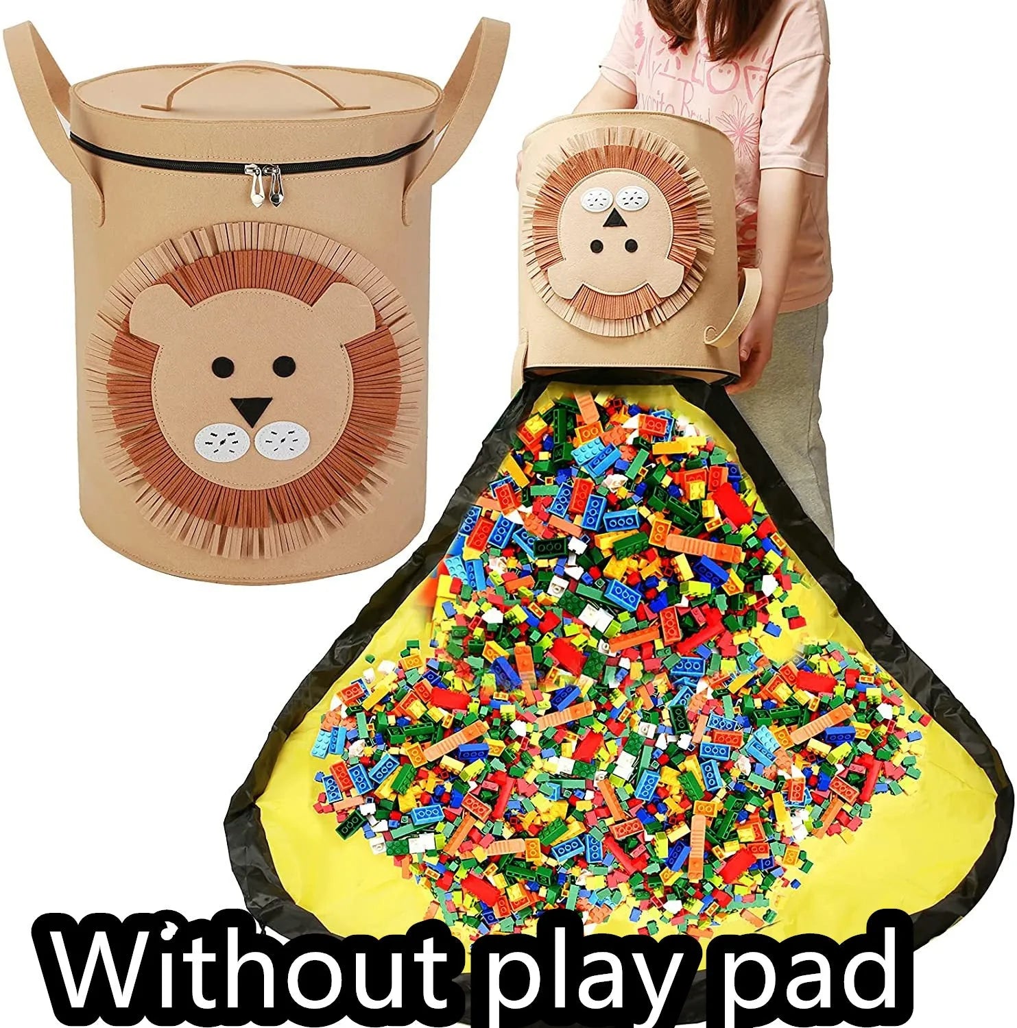 Green felt cube storage bag with pull rope laid flat as play mat for toy organisation