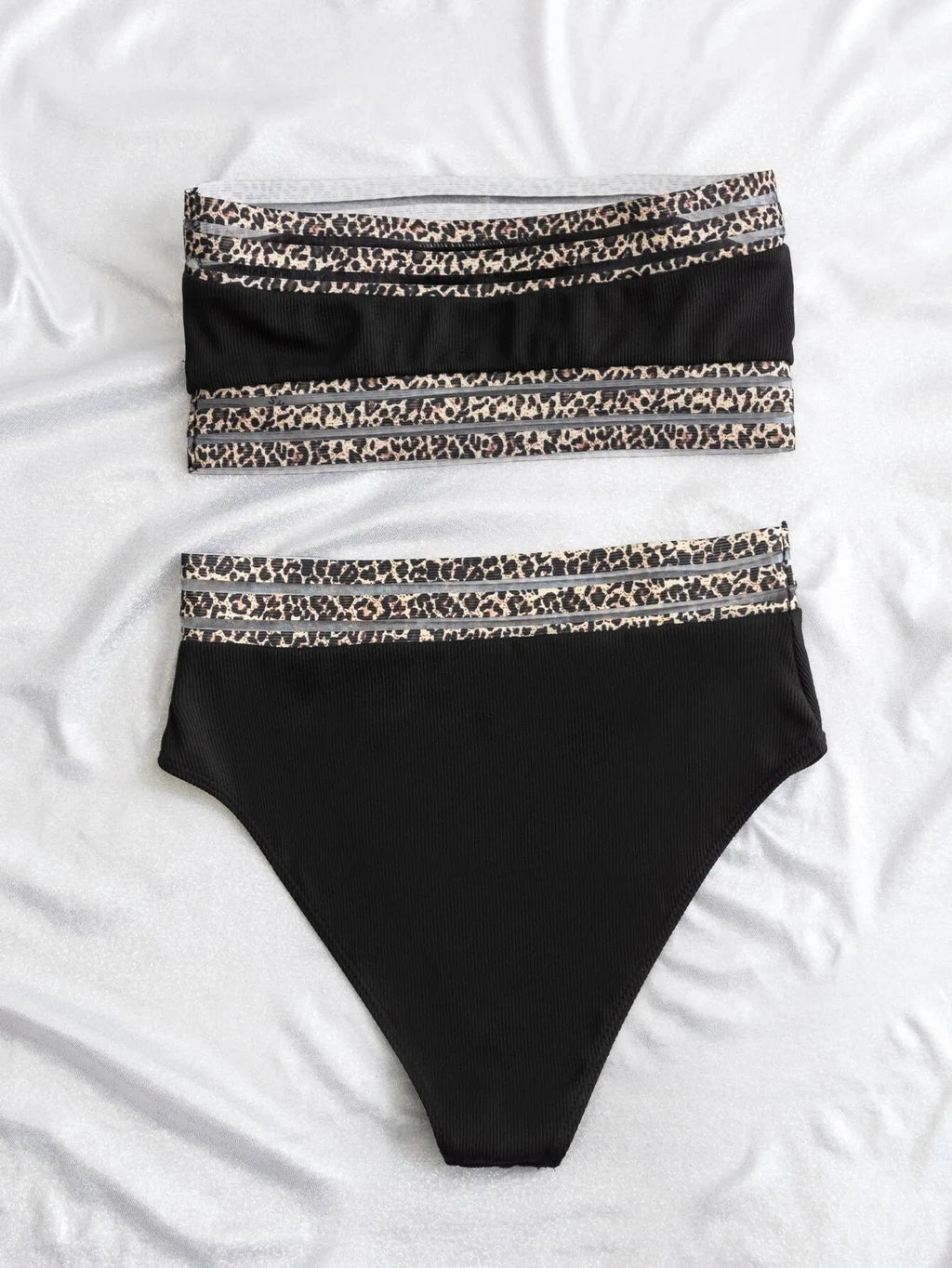 Black strapless swimsuit with leopard print design on quick-dry nylon fabric