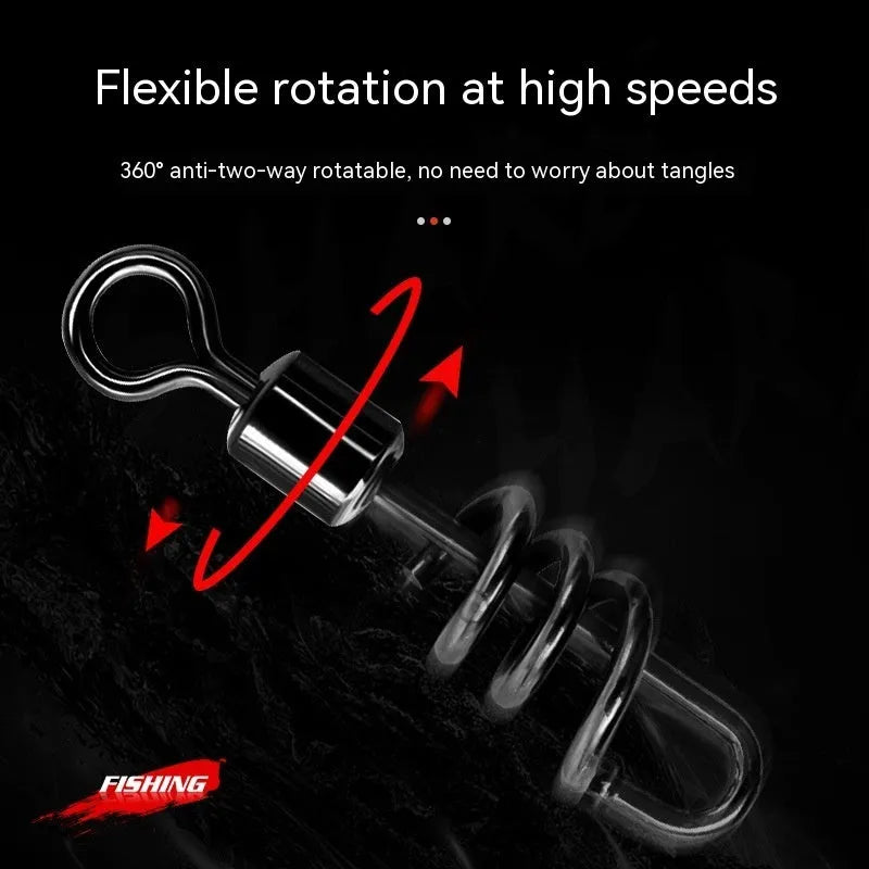 Stainless steel fishing swivel connector with 8-shaped ring design in multiple colour-coded sizes