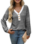 Women's loose fit V-neck long sleeve pullover top with patchwork design in apricot colour