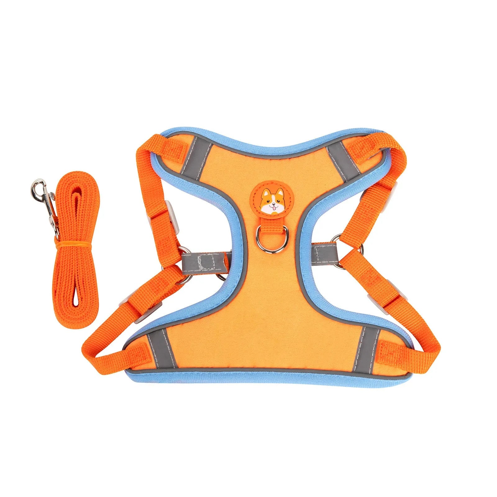 Adjustable dog harness and haulage rope set in purple, blue, orange, red, brown, or green with chest strap.