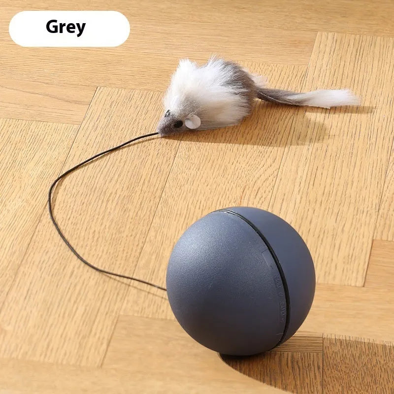 Automatic cat teaser ball toy with plush mouse attachment in blue-orange colour