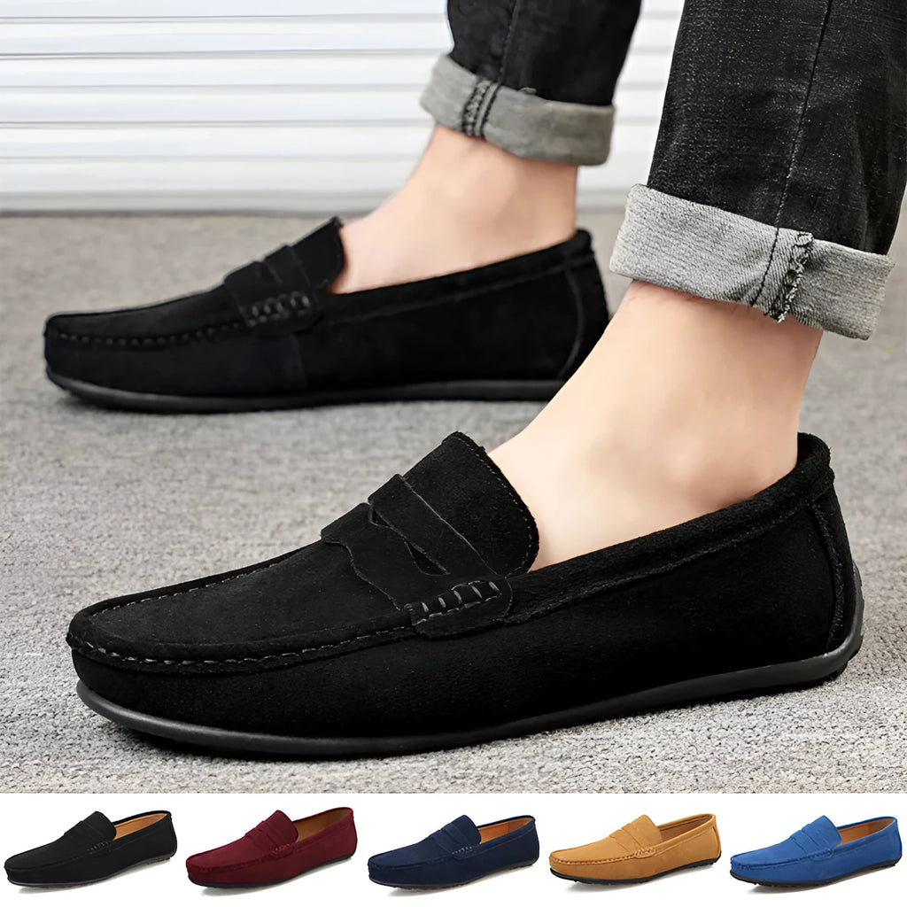 Men's solid colour suede cowhide loafers with rubber sole and round toe design