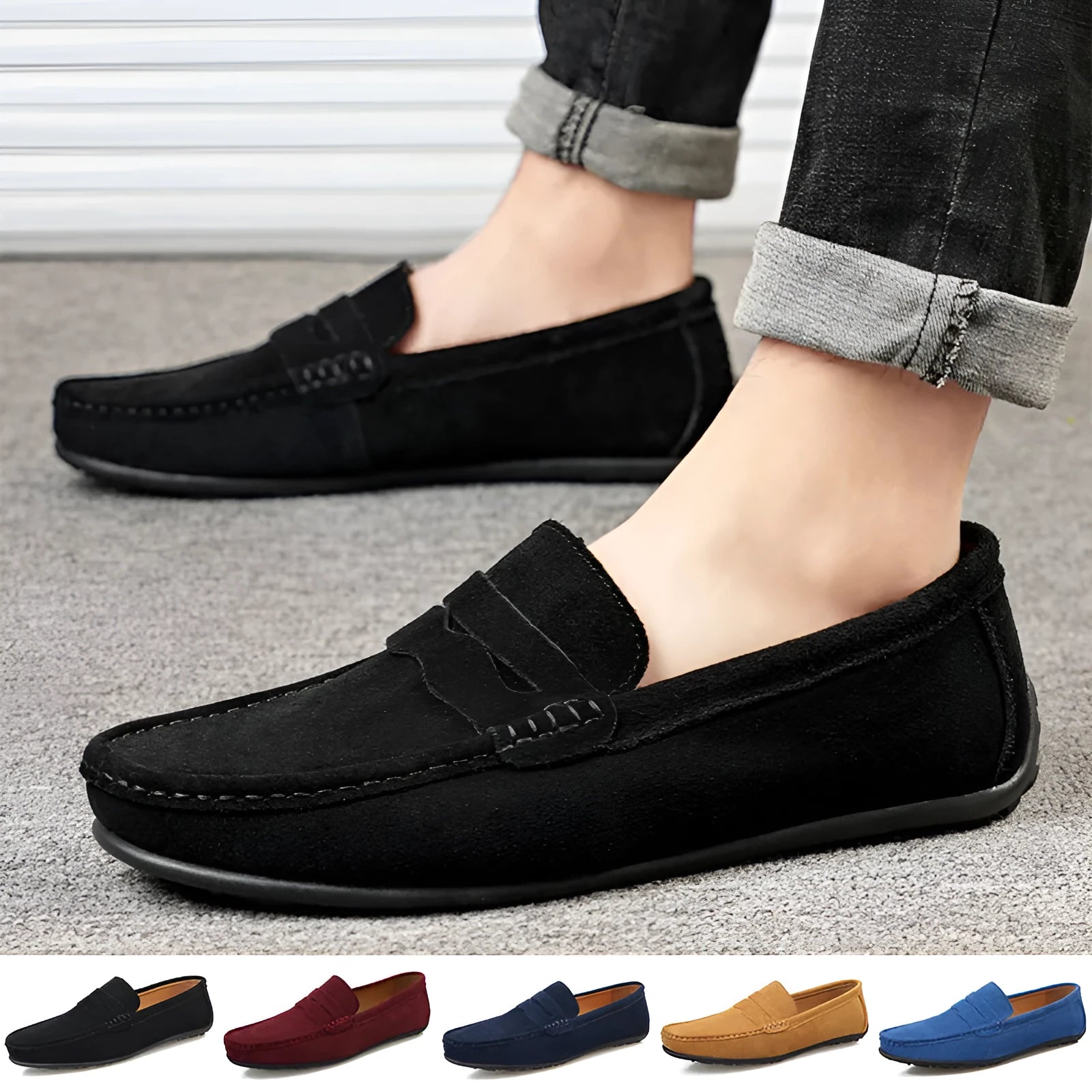 Men's solid colour suede cowhide loafers with rubber sole and round toe design
