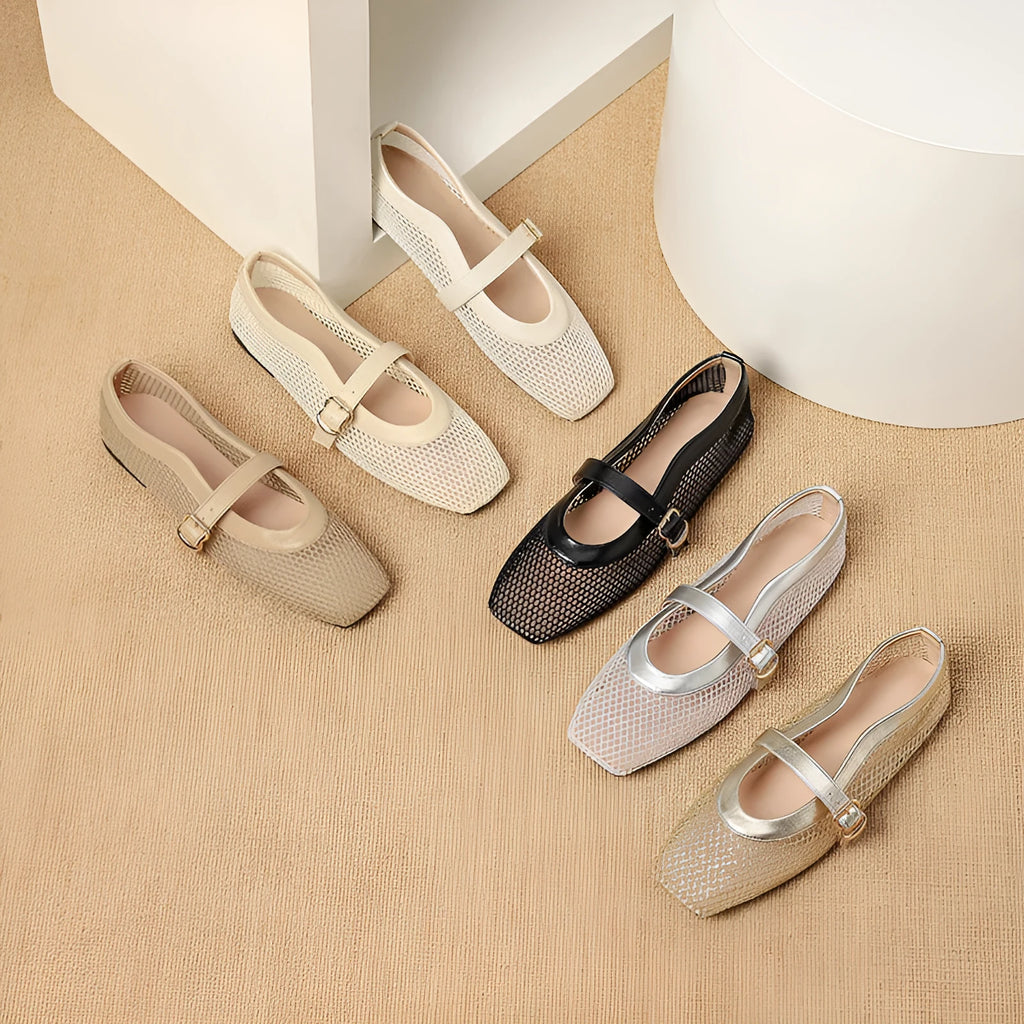 Women's beige mesh low-heel pump with square toe and buckle fastening.
