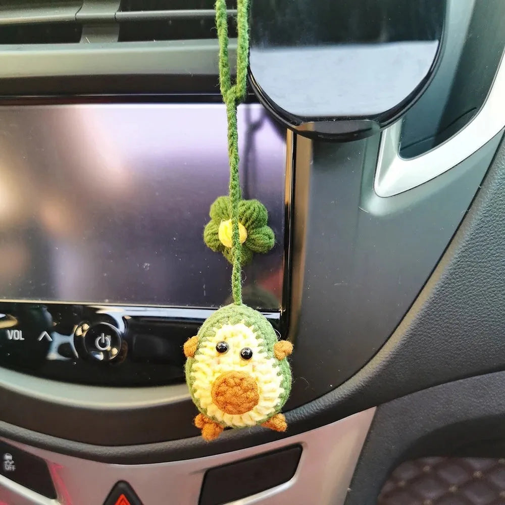 Handmade crocheted car pendant in avocado green, pink rainbow pattern or red rainbow colours