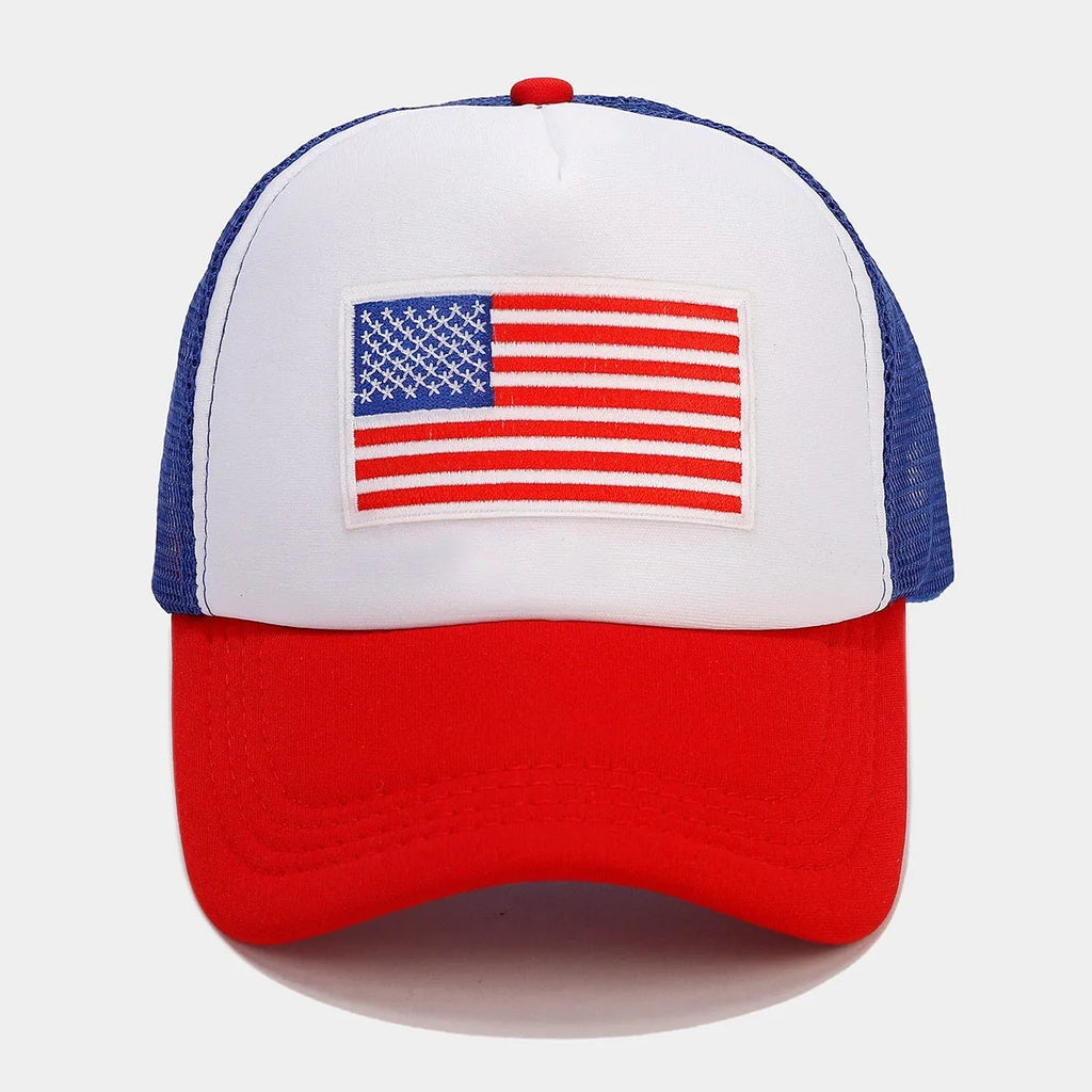 Red and blue contrast mesh baseball cap with adjustable strap on a dome crown.
