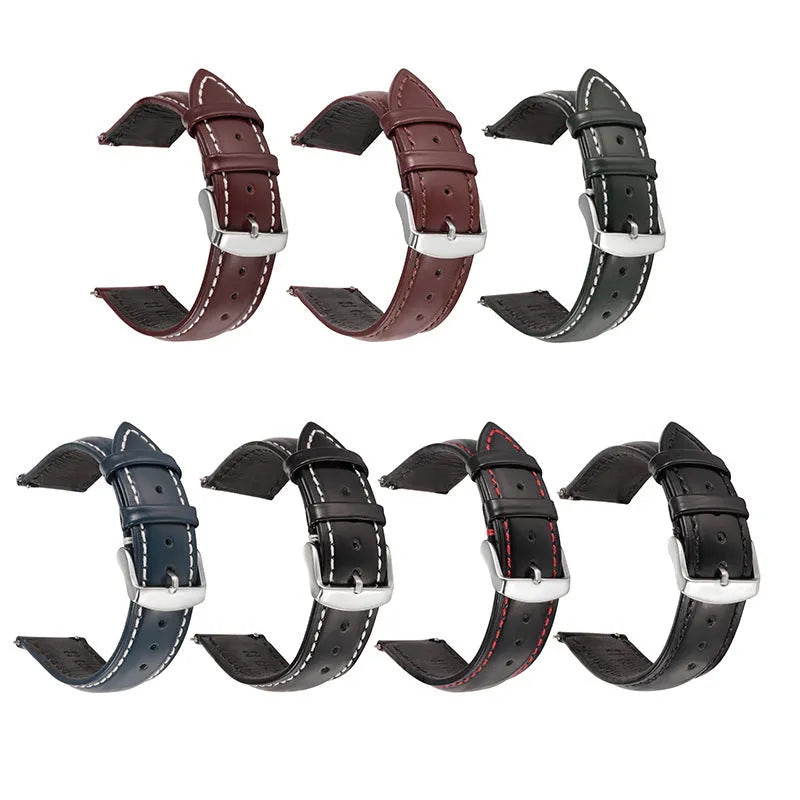Quick release leather watch strap in cowhide with bright finish showing colour options and width sizes