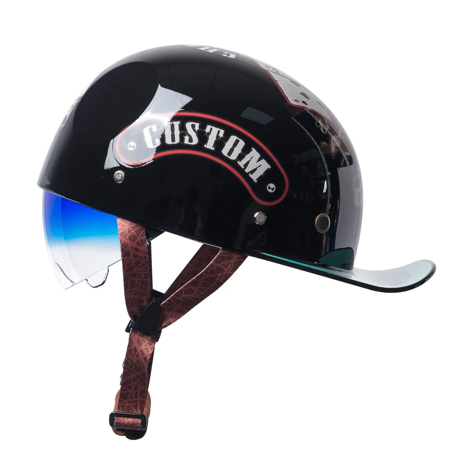 Retro half helmet for electric bicycles in bright black gradient blue colour