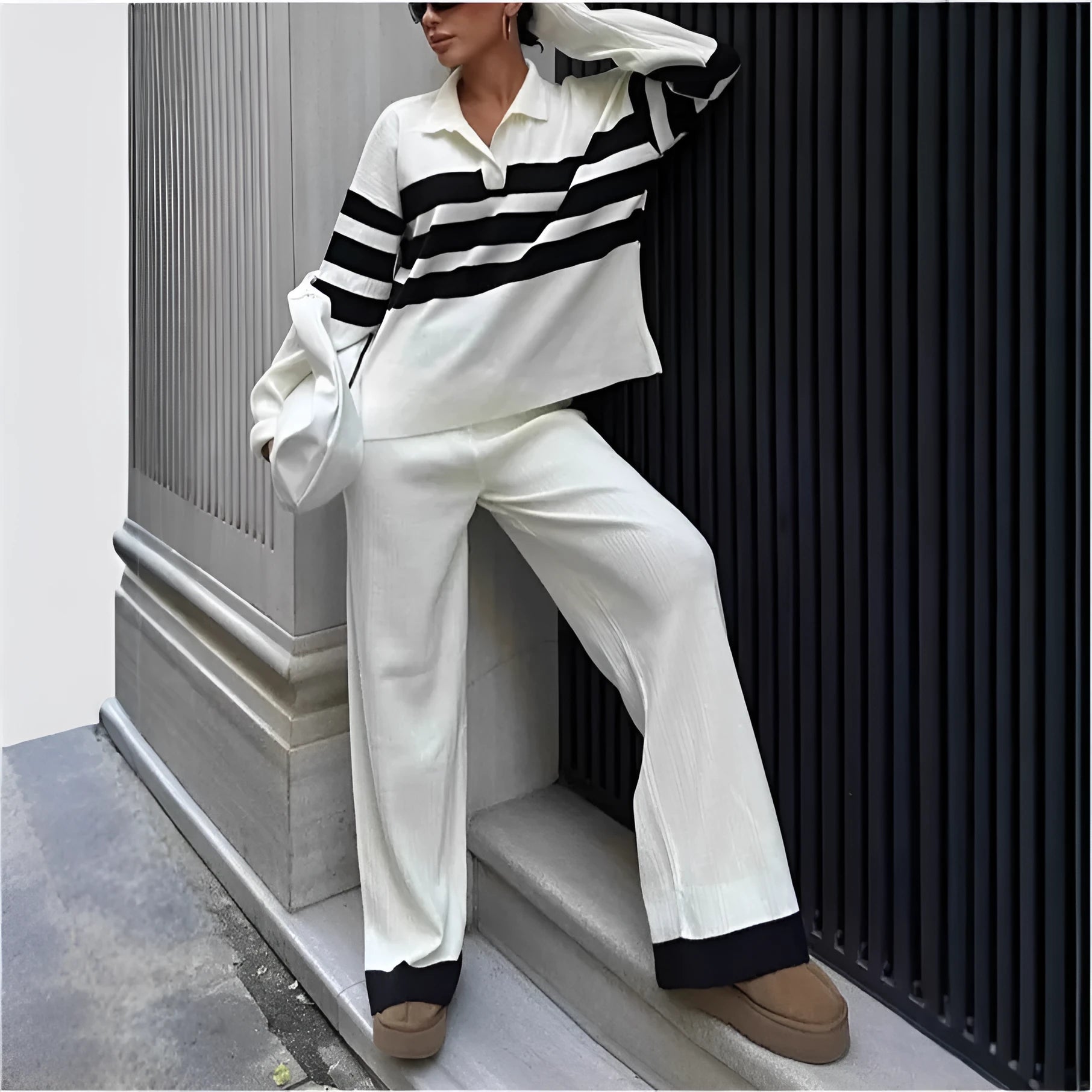 Women's black and white striped polo shirt with contrast collar and matching trousers casual two-piece set