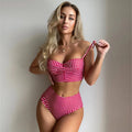 Women's high-waist bikini swimsuit with plaid split design on briefs and coordinating top