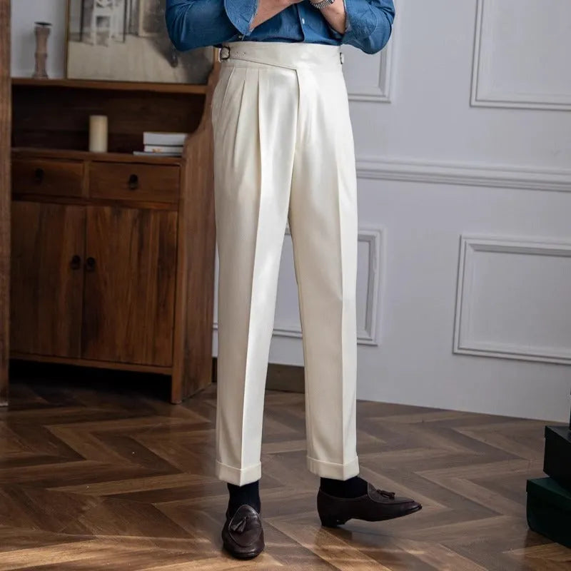 Men's high waist straight leg casual trousers in polyester fabric showing classic fit and straight silhouette
