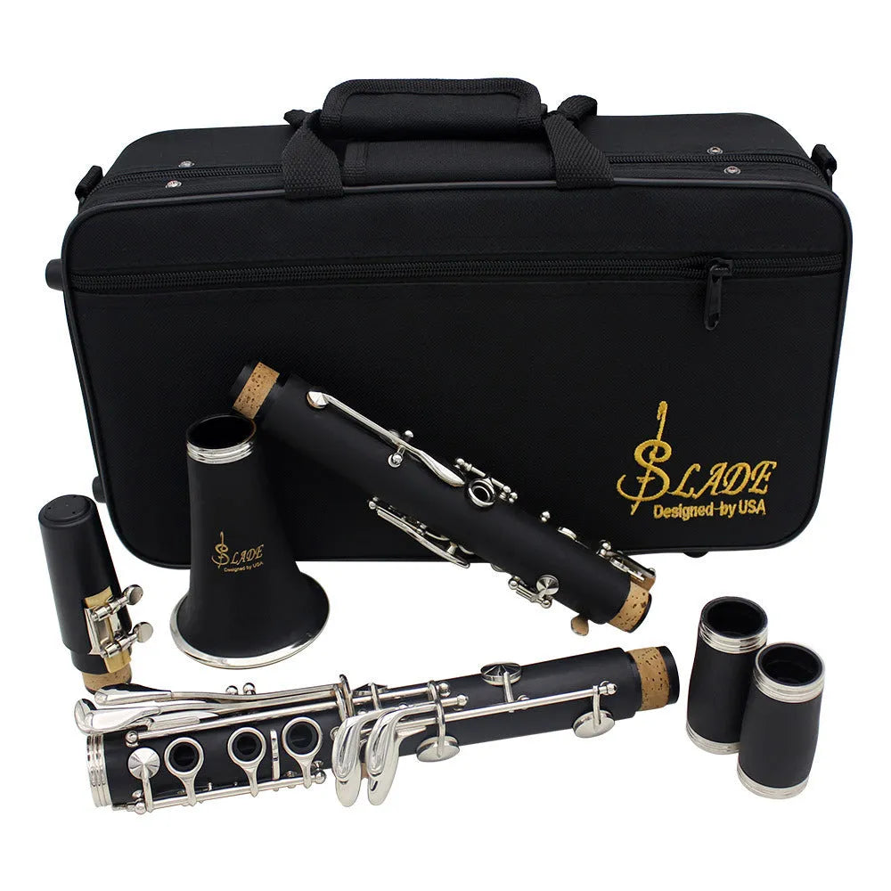 Black clarinet with 17 nickel-plated keys and protective carrying bag